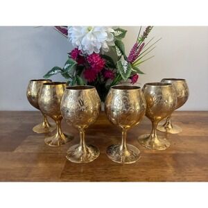 Vintage Solid Brass Etched Goblet Set India Floral Wine Cups Boho Barware Etched